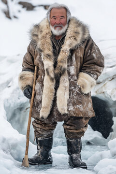 Portrait of an Inuit fisherman wearing sealskin boots and a fur-lined coat, standing beside a frozen fishing hole.