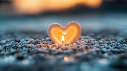 Fototapeta premium Candle shaped like a heart illuminating the sandy beach at sunset bringing a warm and romantic atmosphere