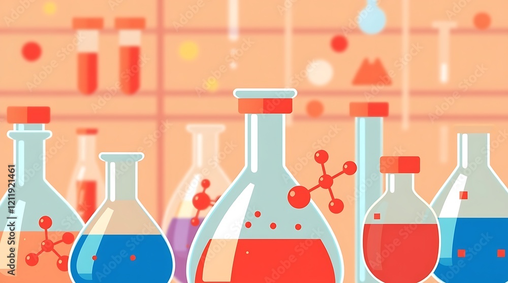 Poster close-up of blue and red glass flasks and vials displaying chemical structures in a medical science 