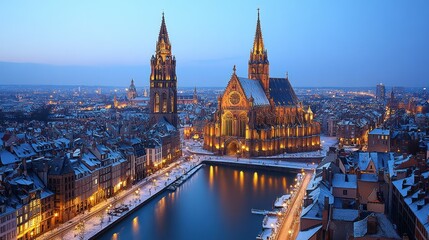 Fototapeta premium Snowy Bruges at Dusk: A Panoramic View of the Church of Our Lady and Belfry