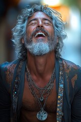Fototapeta premium Grey-haired man jubilantly posing with closed eyes.
