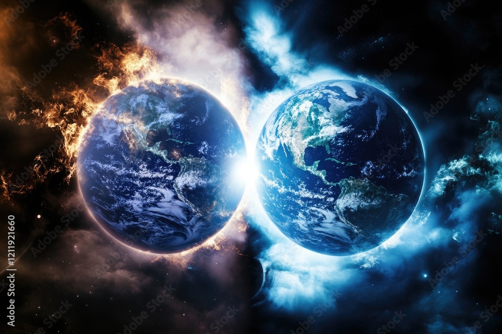 Poster a pair of planets in the night sky with a bright light emitting from one of them, great for science 