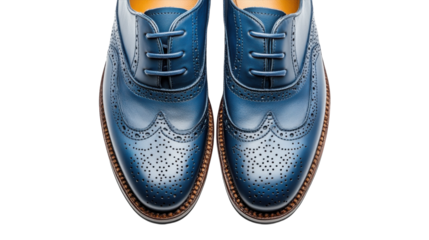 Elegant blue brogues arranged in a stylish manner on a white backdrop, showcasing craftsmanship