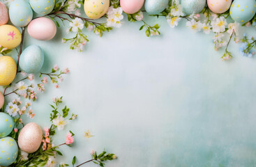 easter eggs spring flowers light pastel textured background