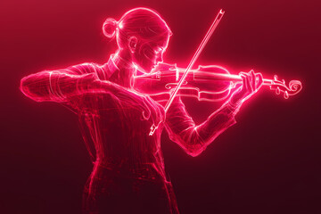 violinist performing with radiant holographic strings on a futuristic stage