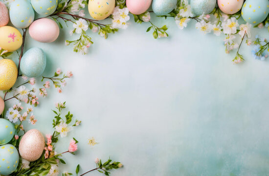 easter eggs spring flowers light pastel textured background