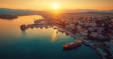 Obraz premium Serene Sunset Over a Coastal Town Boasting Vibrant Buildings, Tranquil Waters, and Idyllic Boats, Capturing an Enchanting Evening Atmosphere by the Sea