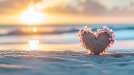 Fototapeta premium Heart-shaped stone adorned with flowers on sandy beach at sunset