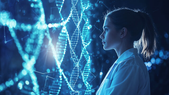 Female scientist analyzing glowing DNA strands in a futuristic lab, blue biotechnological background with digital elements, concept of genetic engineering, innovation, and scientific research
