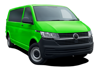 Modern European passenger minibus, front side view isolated on white background in png format, green color.