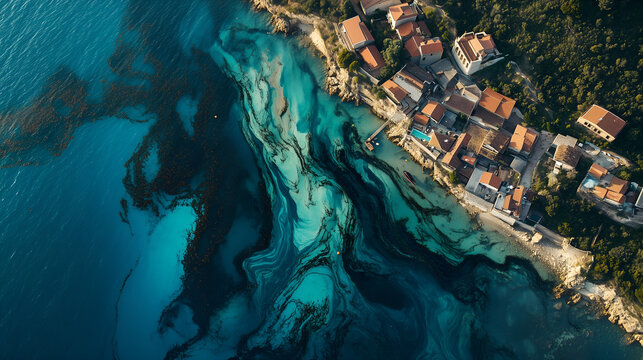 An aerial view of an oil spill spreading along a coastal village, highlighting pollution and environmental disaster.
