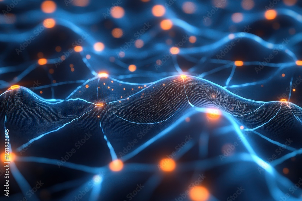 Poster abstract representation of a digital network with glowing connections and wave patterns in blue