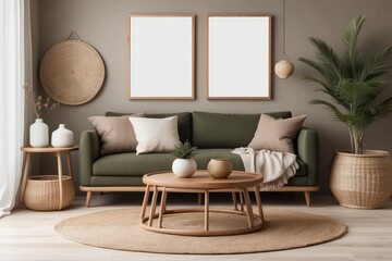 warm space with Khaki sofa, wooden side tables, rattan armchair, blank poster frames