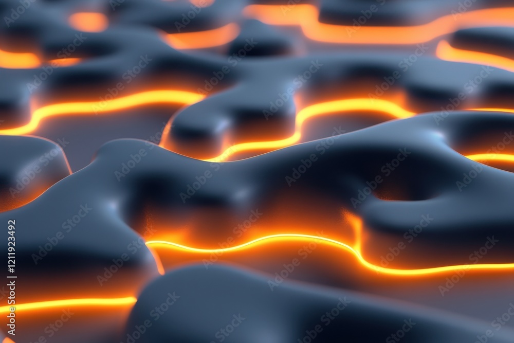 Poster abstract representation of flowing lava with glowing orange lines on a dark surface