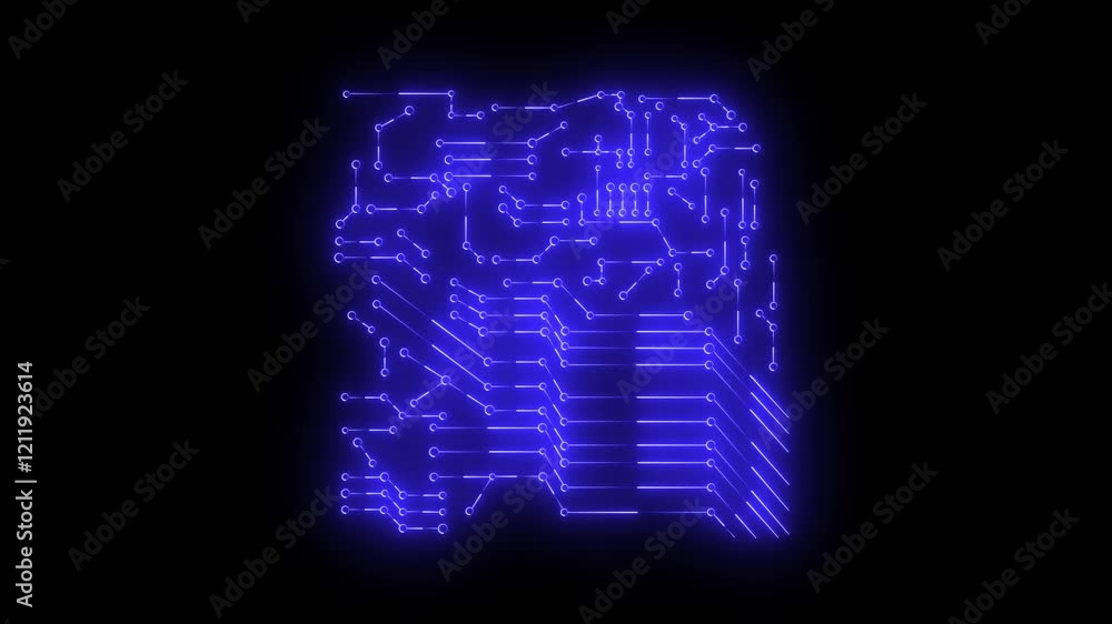 Poster glowing neon line circuit board animation on black background. raster version of the loaded vector. 