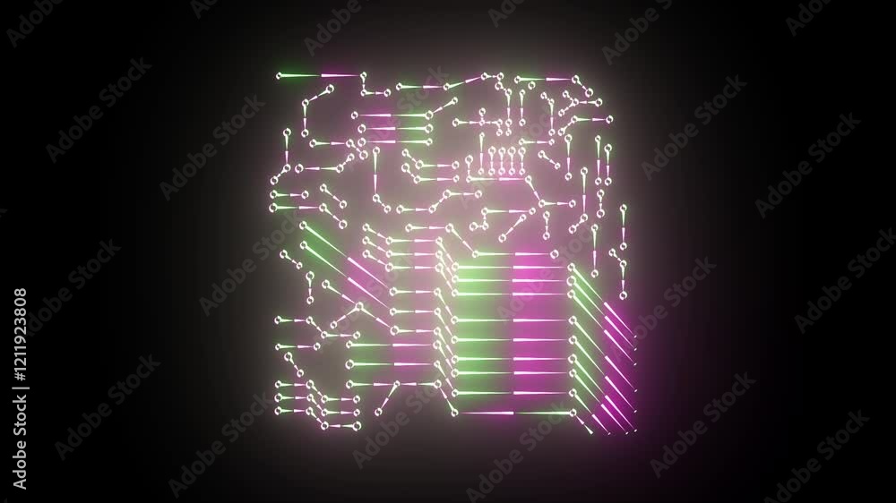 Poster glowing neon line circuit board animation on black background. raster version of the loaded vector. 