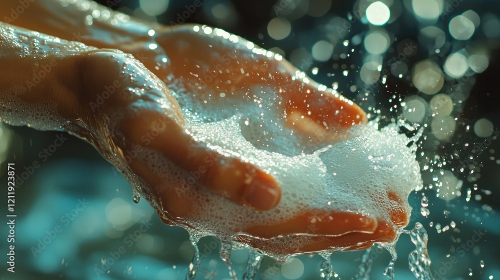 Poster soft hands hold bubbling soap while water splashes around. bright sunlight illuminates the scene, cr