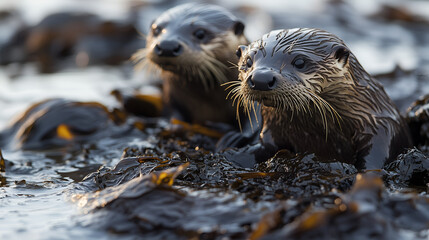 Two otters covered in oil amid polluted water and seaweed, symbolizing the devastating impact of an oil spill.