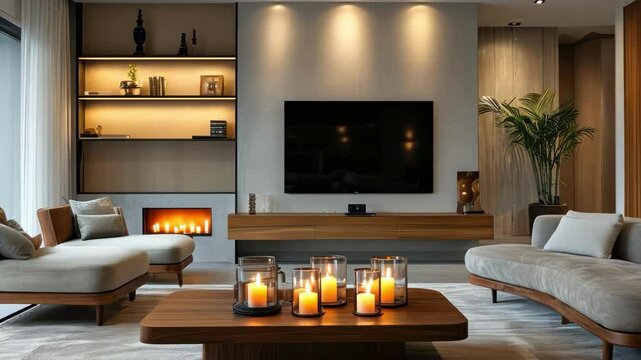 Modern living room features candles and plants, creating a cozy atmosphere with elegant decor and soft lighting