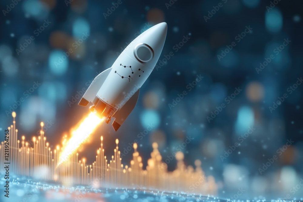 Poster a white rocket soaring through the sky, ideal for use in illustrations about space exploration, futu