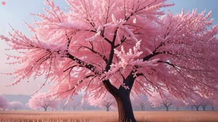 Blooming pink cherry blossom tree in spring field.
