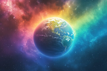 Fototapeta premium Rainbow shell around planet earth. Stars and clouds in the background. Fantastic image