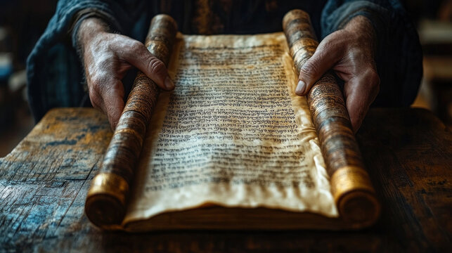 A Torah scroll being gently rolled by a rabbi during a sacred ceremony in a synagogue