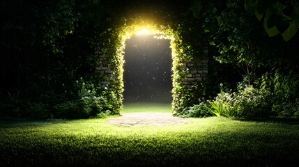 Obraz premium Enchanted Portal Surrounded by Lush Greenery with Soft Light Rays in a Mystical Garden Scene