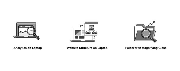 Efficient Workflow Management. Website Structure on Laptop, Analytics on Laptop, Folder with Magnifying Glass