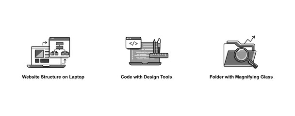 Web Development and Design. Folder with Magnifying Glass, Code with Design Tools, Website Structure on Laptop
