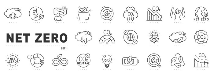 Set of net zero related line icons. Eco, emission, co2 etc. Editable stroke.