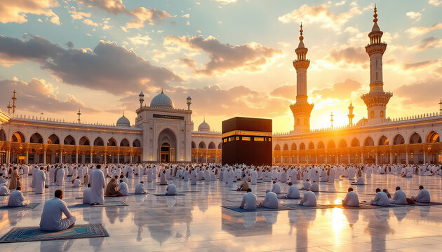 Hyper-realistic scene of Masjidil Haram during sunset. The warm glow of the setting sun casts golden hues over the marble courtyard, with long shadows stretching across the floor. The Kaaba stands maj