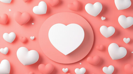 A dynamic background with small heart-shaped confetti bursting outward from the center in shades of pink, red, and gold.