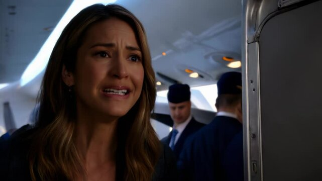 Emotional reaction during a tense situation on an airplane with crew members present in the background
