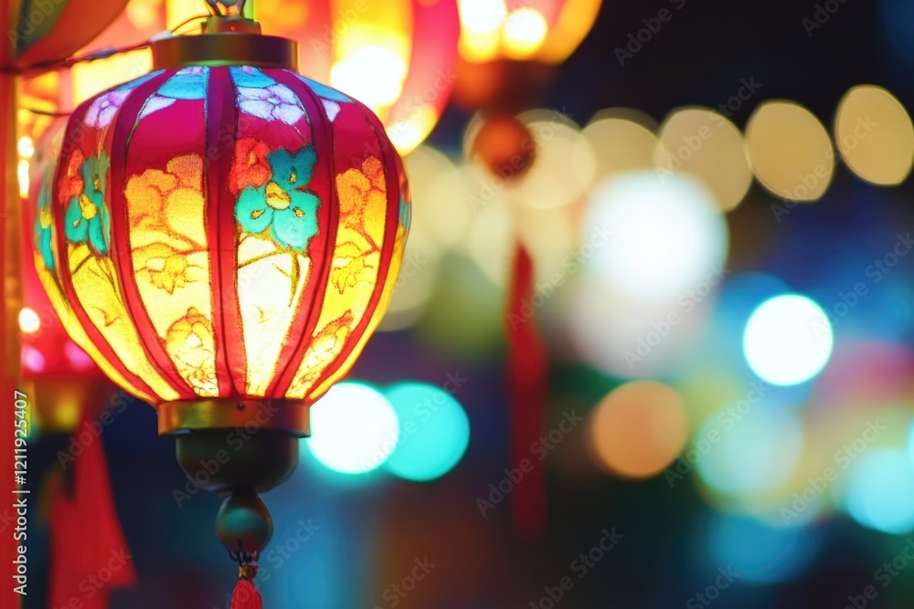 Poster a close-up shot of a lamp with glowing lights in the background, suitable for use in interior design
