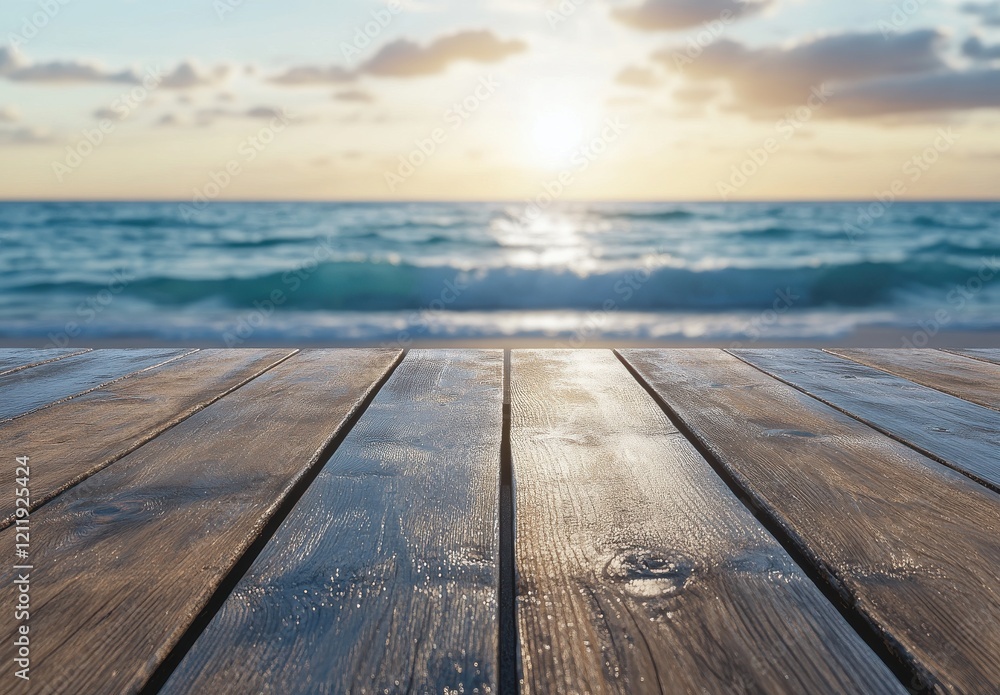 Poster tranquil seaside sunset with reflections on wet wooden planks and gentle waves lapping against a ser
