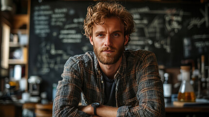 Obraz premium A blackboard filled with equations explaining quantum mechanics, with a scientist deep in thought