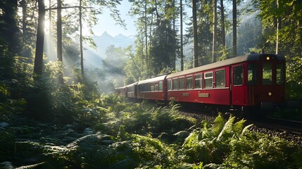 Fototapeta premium Scenic Red Train Journey Through Lush Green Forest with Sunlight Streaming Over Majestic Mountain Peaks