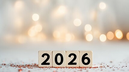 New year countdown with wooden blocks displaying the year 2026 and decorative background lights
