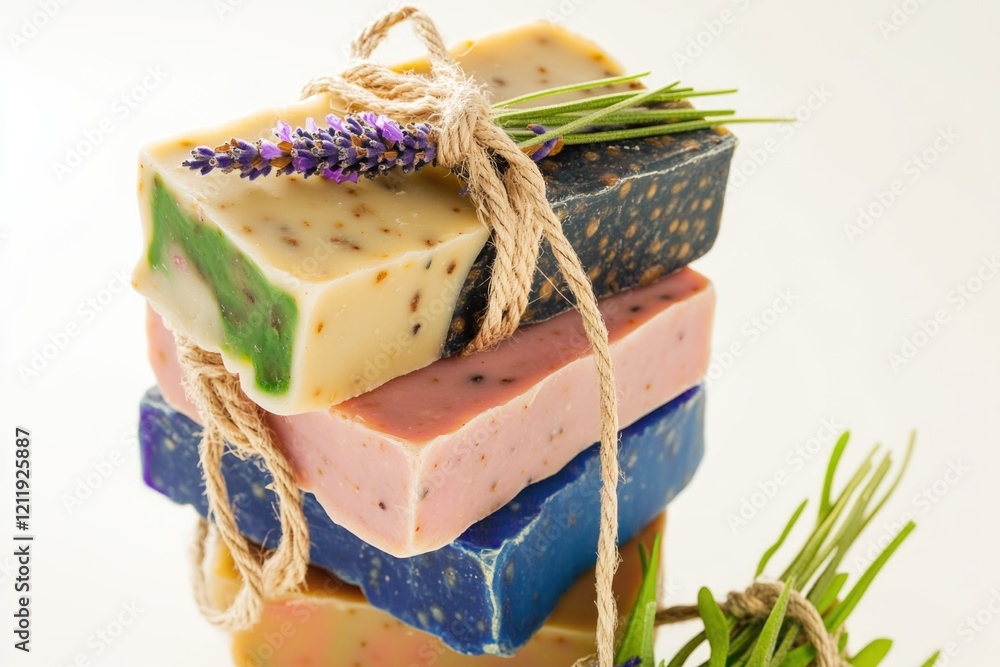 Poster A stack of soap bars stacked high on top of each other, ideal for showcasing in a bathroom or using as a decorative element