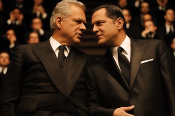 Two men in suits face each other intensely, audience applauds.
