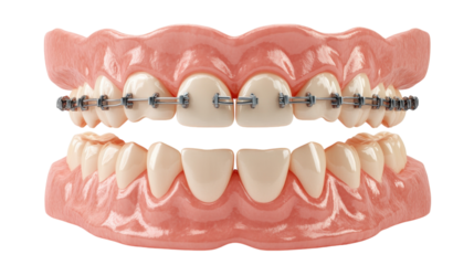 A detailed depiction of dental braces on a model showcasing alignment of teeth