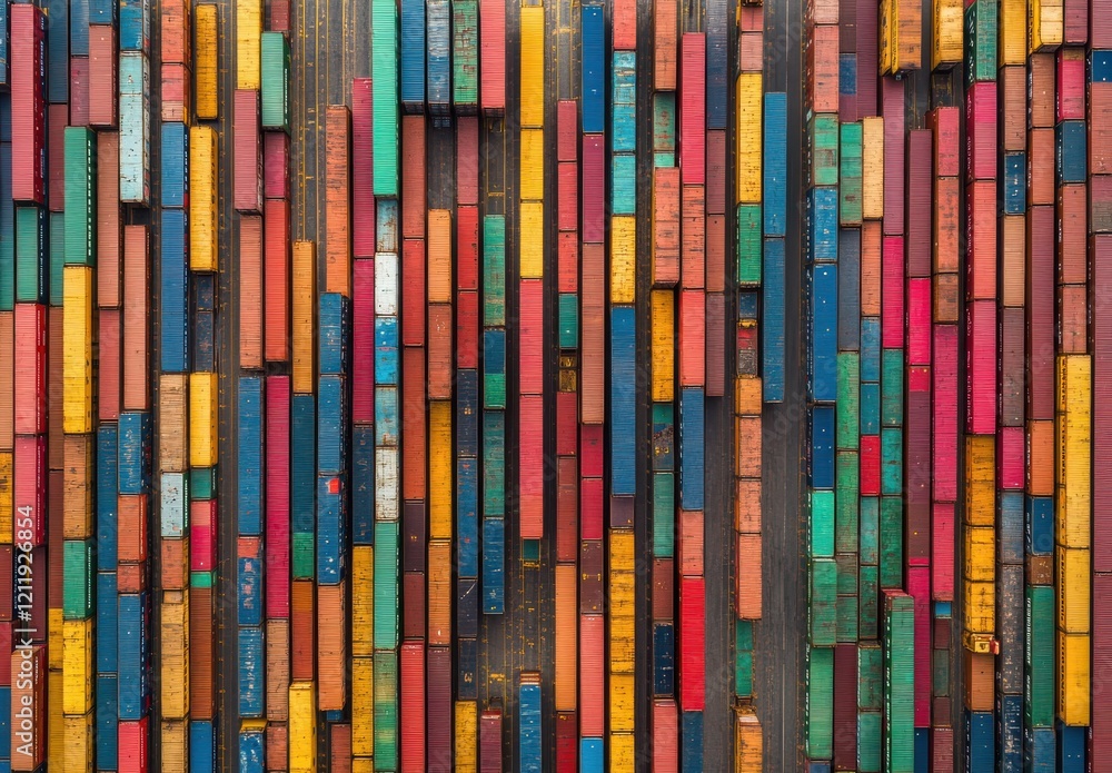 Poster vibrant and colorful stacked shipping containers creating a dynamic abstract pattern, ideal for tran