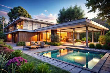 Fototapeta premium Mid-Century Modern Villa: Stylish Pool & Garden Architecture