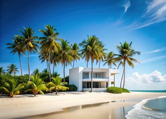 Fototapeta premium Minimalist Beach House: Serene Palm Tree Paradise, Clear Sky, Ocean View Stock Photo