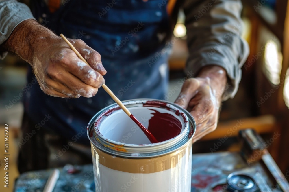 Poster a person paints a bucket of paint with a brush, a straightforward and simple action