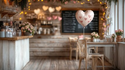 Charming cafe decorated with heart-shaped balloons and soft lighting for a romantic setting
