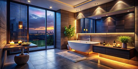 Fototapeta premium Modern Bathroom Night Photography: Dark, Moody Ambiance, Minimalist Design, Luxury Fixtures, Clean Lines