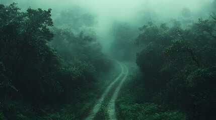 Obraz premium Misty Forest Path: An enigmatic, winding dirt road disappears into a dense, fog-shrouded forest, creating a mysterious and atmospheric scene.