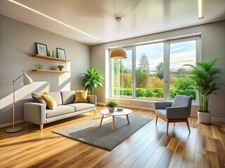 Fototapeta premium Modern Minimalist Interior Design: Sunlight Streaming Through Window, Empty Copy Space